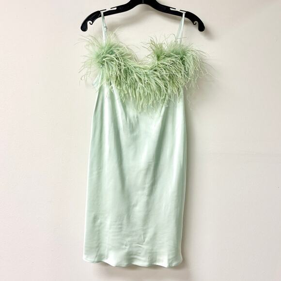 NWT Sleeper Boheme Feather-Trim Mini Slip Dress Mint Green Women's Size L - Picture 2 of 5